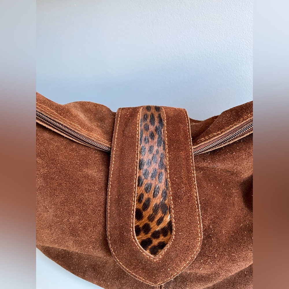 Italian Brown Suede Boho Crossbody Bag with Leopard Fur Accent